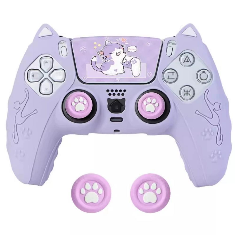 Joli Chat Silicone Doux Protecteur Autocollant Skin Pour Playstation 5 PS5 Coque de Manette Capuchon Grip Stick Pouce Housse Silicone violet
