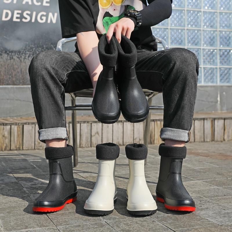Rain shoes men's warm rain boots non-slip short tube integrated waterproof shoes kitchen rubber shoes medium tube car wash fishing shoes