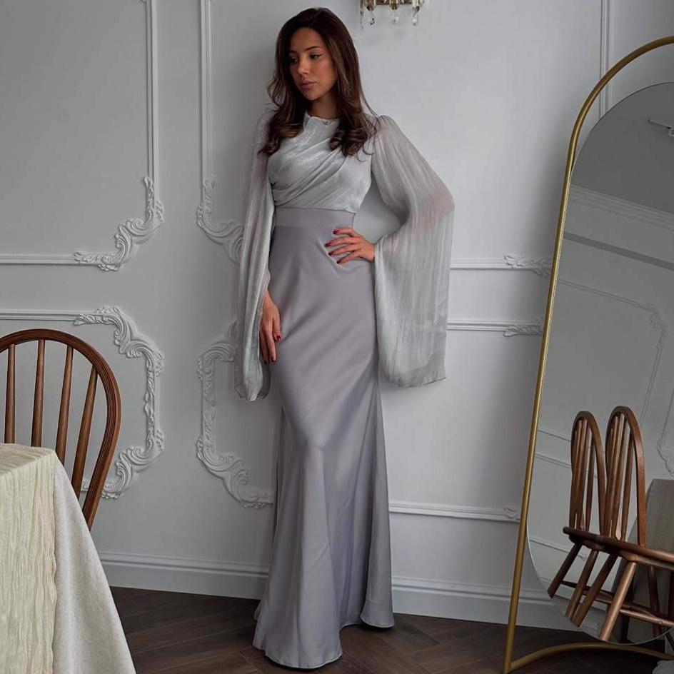 Elegant Slim Fit Satin Dress with Slit - Long Sleeve, Shiny, and Hip-Hugging for Autumn/Winter