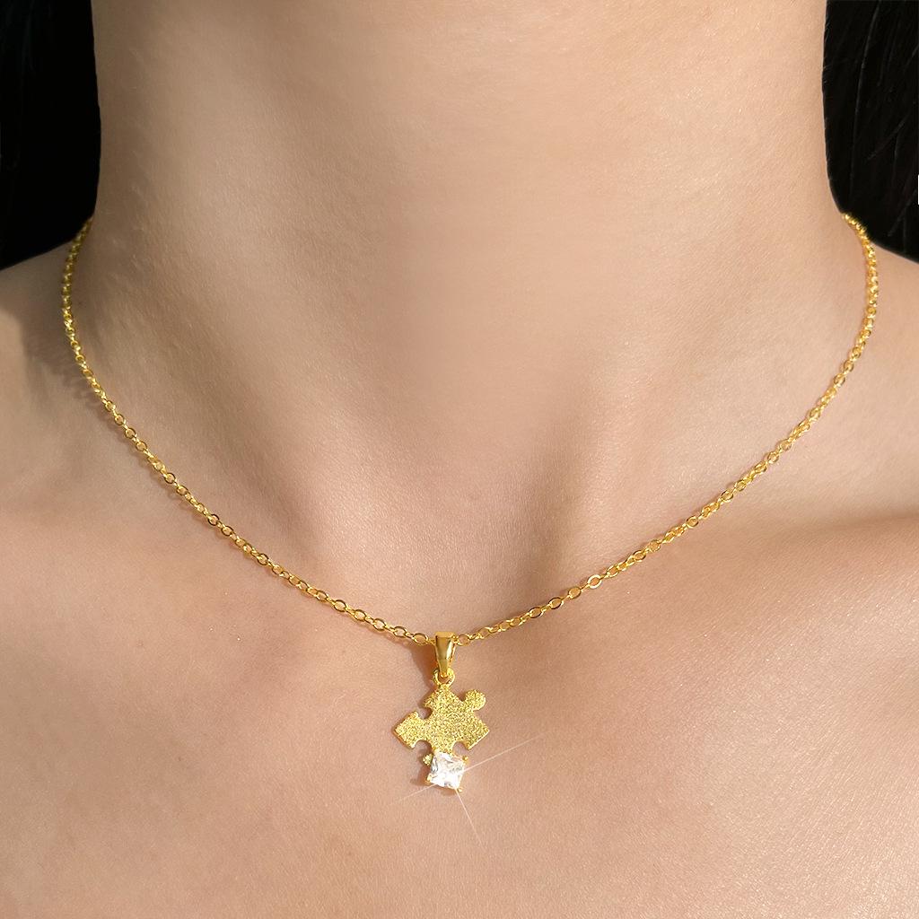 18K Gold Matte Sandblasted Zircon Jigsaw Necklace
