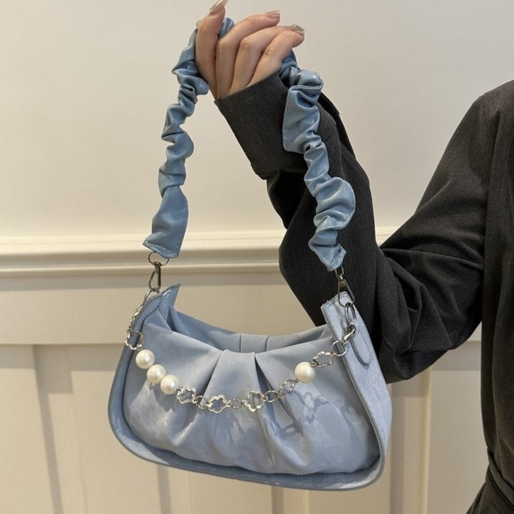 Korean Style Pearl Chain Crossbody Bag Solid Color Pleated Handbag Cloud Shoulder Bag Outdoor