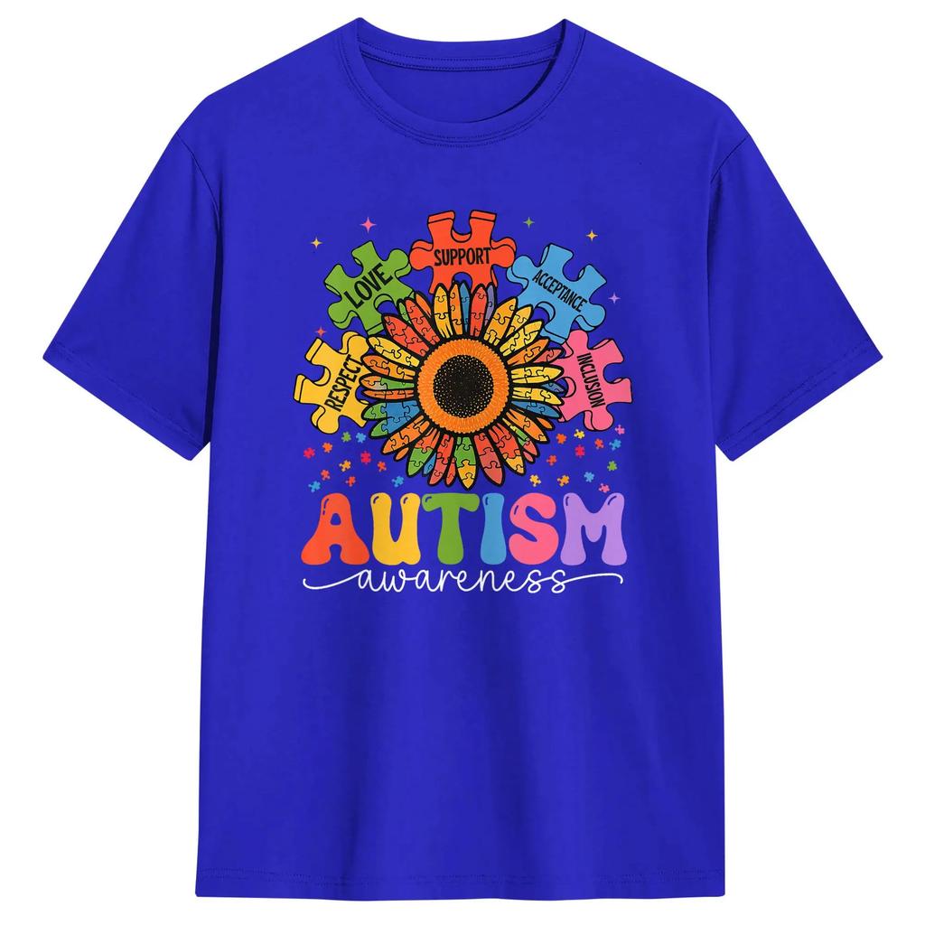 Sunflower Puzzle Respect Love Support Autism T Shirt For Couple Summer T Shirts O Neck Fashion Tees Plus Size Wholesale Clothing