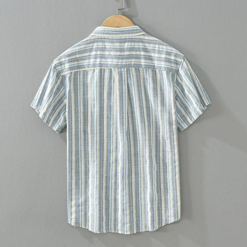 Color-matching Striped Linen Short-sleeved Men's Shirt Summer Fashion Casual Square Collar Loose Cotton and Linen Blouse