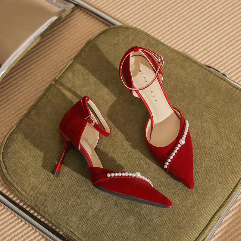 82313 High Heels Women's Thin Heels 2025 Spring New Temperament Pearl One-word Strap Wedding Shoes Pointed Shallow Mouth Single Shoes
