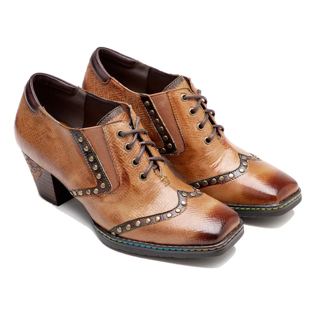 Johnature Echtes Leder Damen Pumps Handbemalt Vintage Karree Niete Schnürung Dicker Absatz High Heels Schuhe