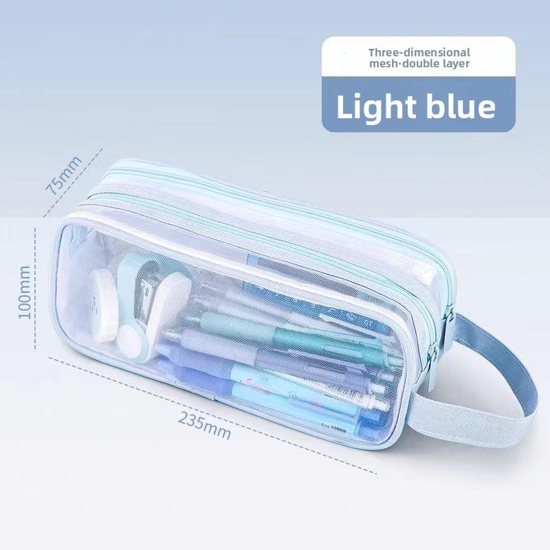 Student Double Layer Mesh Transparent Pencil Case With Large Capacity For School Use