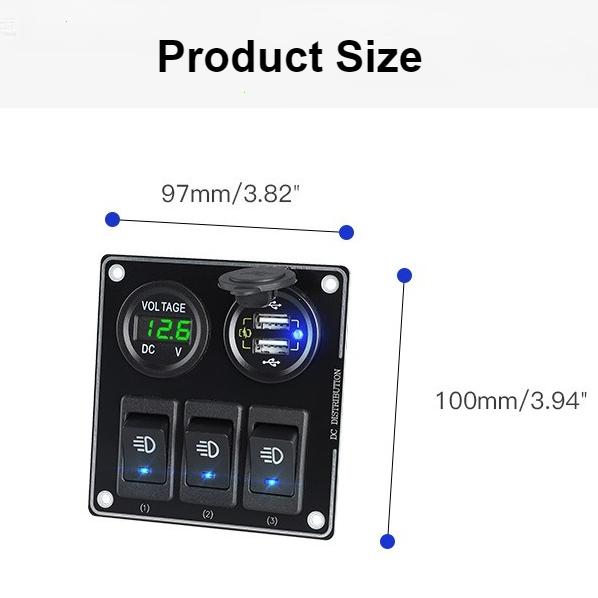 3 Gang LED Rocker Switch Panel Boat Truck Car Lights Toggle Buttons Circuit Breaker USB Chargers Power Adapter Voltmeter 12/24V