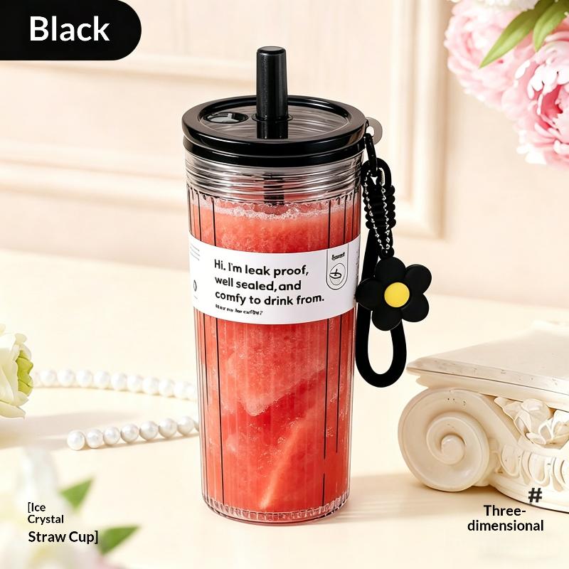 700Ml Large Capacity Summer Plastic Straw Cup Leak Proof With Flower Pendant Lid Rope Transparent