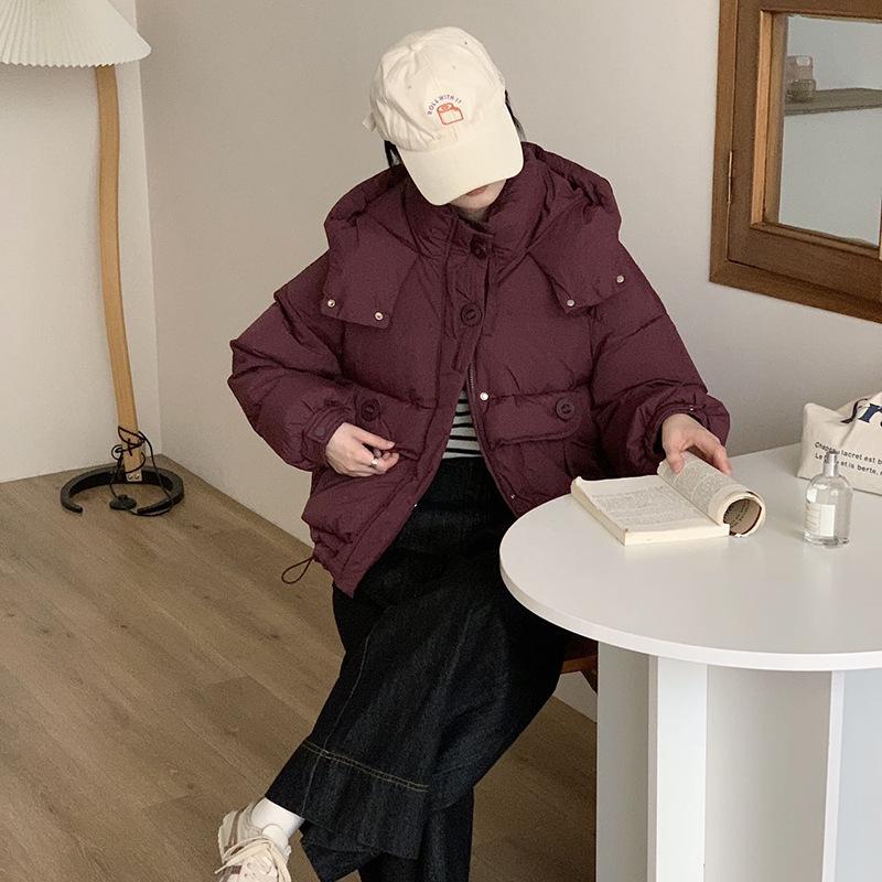 Hooded Down Jacket Women's 2024 Winter Fashion Sweet Small Design Sense Round Button Warm White Duck Down Bread Clothing