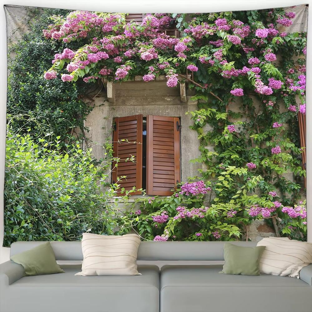 Street Flower Scenery Tapestry Vintage Blue Wooden Door Floral Plants Nature Landscape Home Garden Decor Wall Hanging Picnic Mat