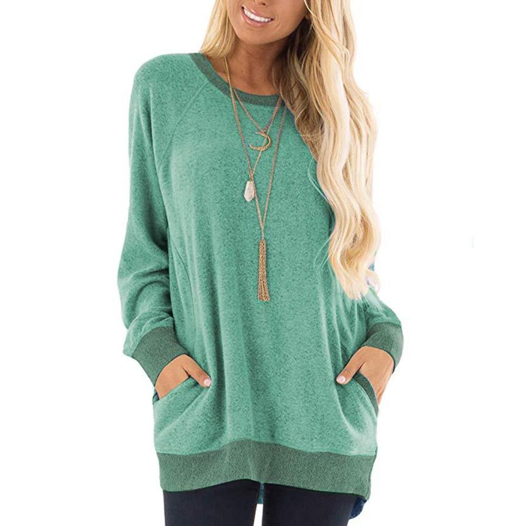 Fall Winter Women's Crew Neck Color Block Pocket Sweatshirt Long Sleeve Pullover Casual Top