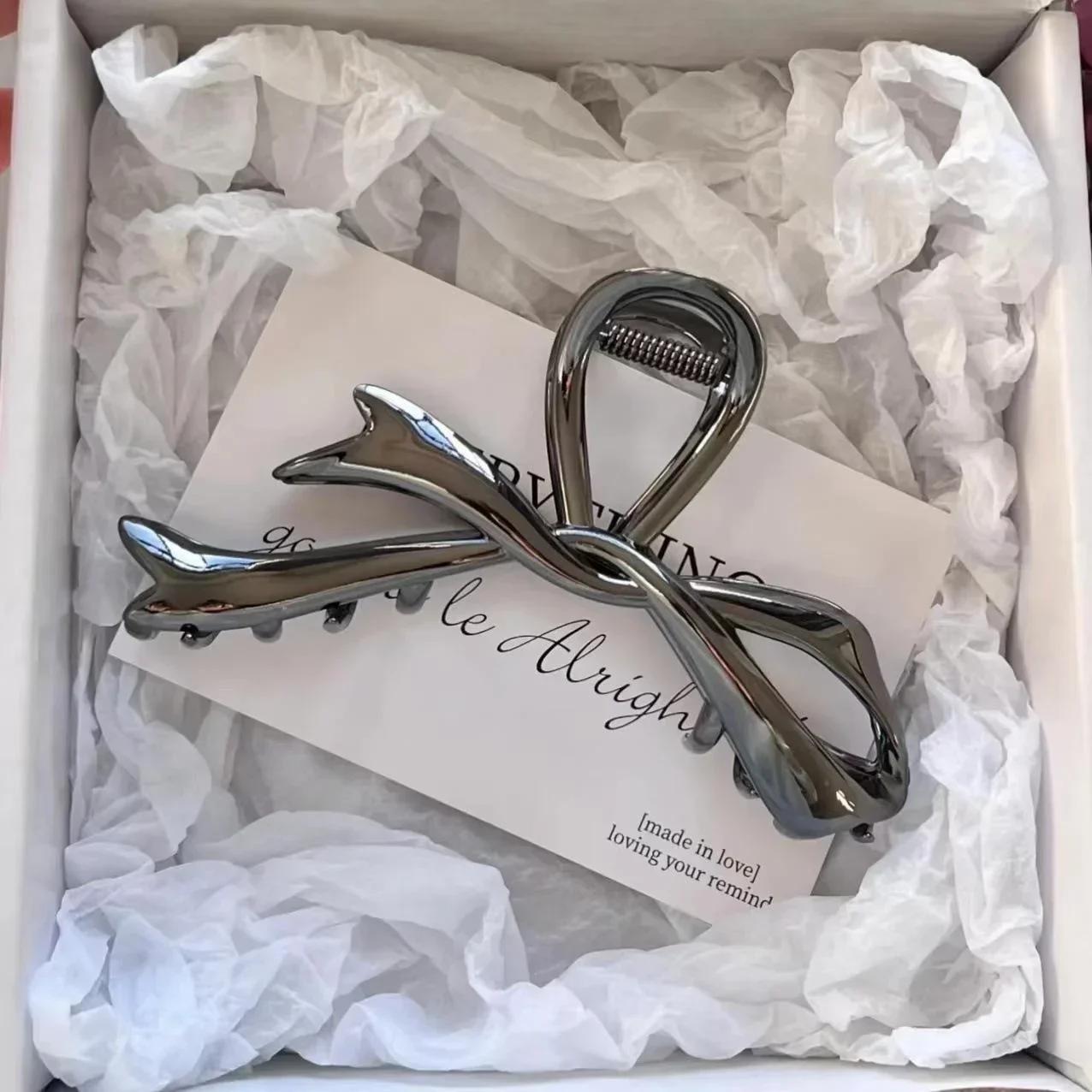 

Women s High-end Matte Glossy Flat Hair Clip Shark Clip Creative Hair Accessory Women s Fashionable Metal Bow Ribbon Hair Clip чёрный