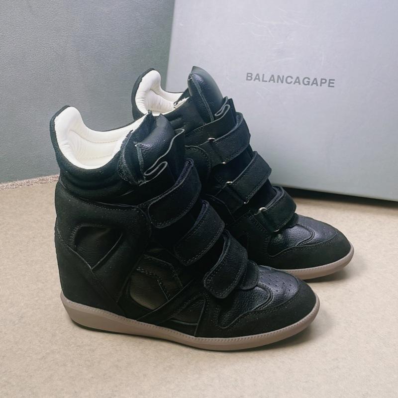 Autumn and Winter Velcro Couples Genuine Leather Dad Shoes High-top Color-blocking Sneakers Women's Inner Height Increase 8cm Casual Shoes