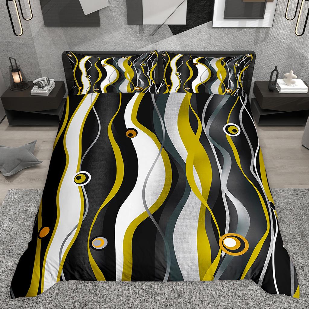 Homewish Zeitgenössisches Geometrisches Bettbezug-Set, Abstraktes Streifen-Bettwäsche-Set, Wellenlinien Kariertes Karomuster Bettdeckenbezug-Set