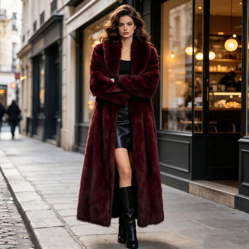Womens Long Faux Fur Coat Lapel Collar Thick Warm Winter Outerwear Plus Size Elegant Style