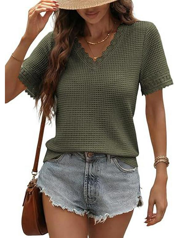 2026 Women's Casual V-neck Short-Sleeved Waffle Knit Top with Lace Patchwork