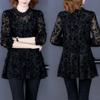 Bürodame Floral bedruckte Patchwork-Bluse Lässig Langarm Frühling Herbst Stehkragen Spitze gespleißt Damen Locker Gazehemd