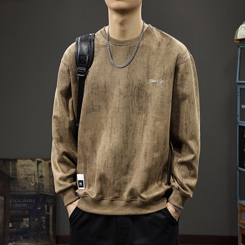 

Осенний ретро старый вышитый свитер мужская американская тяжелая замшевая куртка свободная круглая горловина длинный рукав нижняя рубашка Tide 4XL темно-коричневого