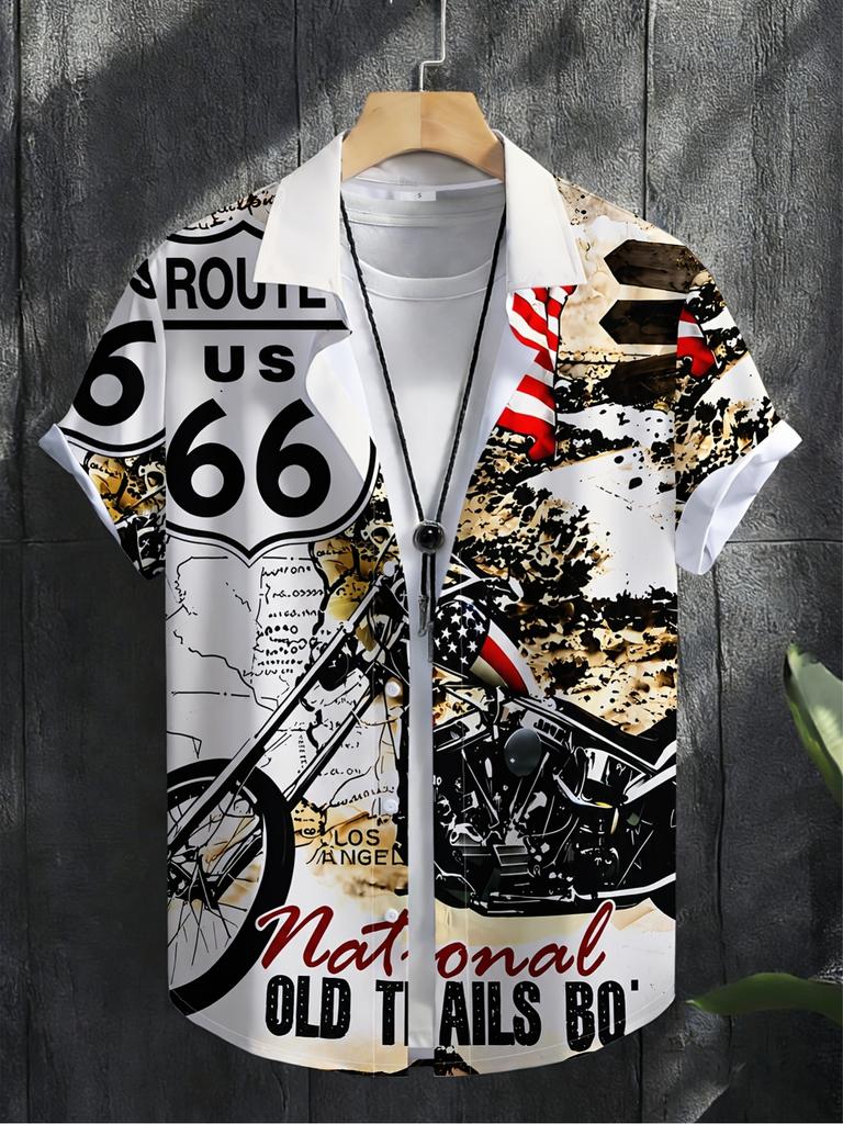 Printed Design - Not Textured] 2026 Summer New Arrival Men's Plus Size Shirt, Men's Casual Short Sleeve Beach Shirt, Route 66 Vintage Poster with