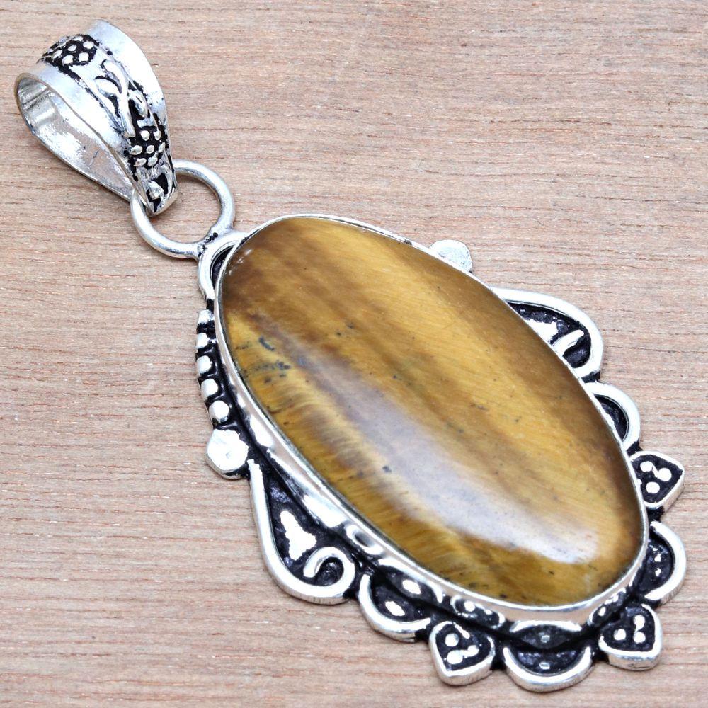 Pendant Tiger's Eye Gemstone Handmade Mother'Day Silver Jewelry 2.25"