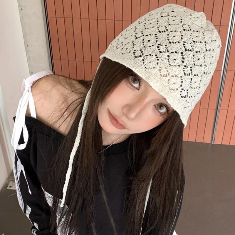 Handcrochet Flower Hat for Women Casual Beanies Hat Shopping Photography Skull Hat Travel Headwear Hollowout Vacation Hat