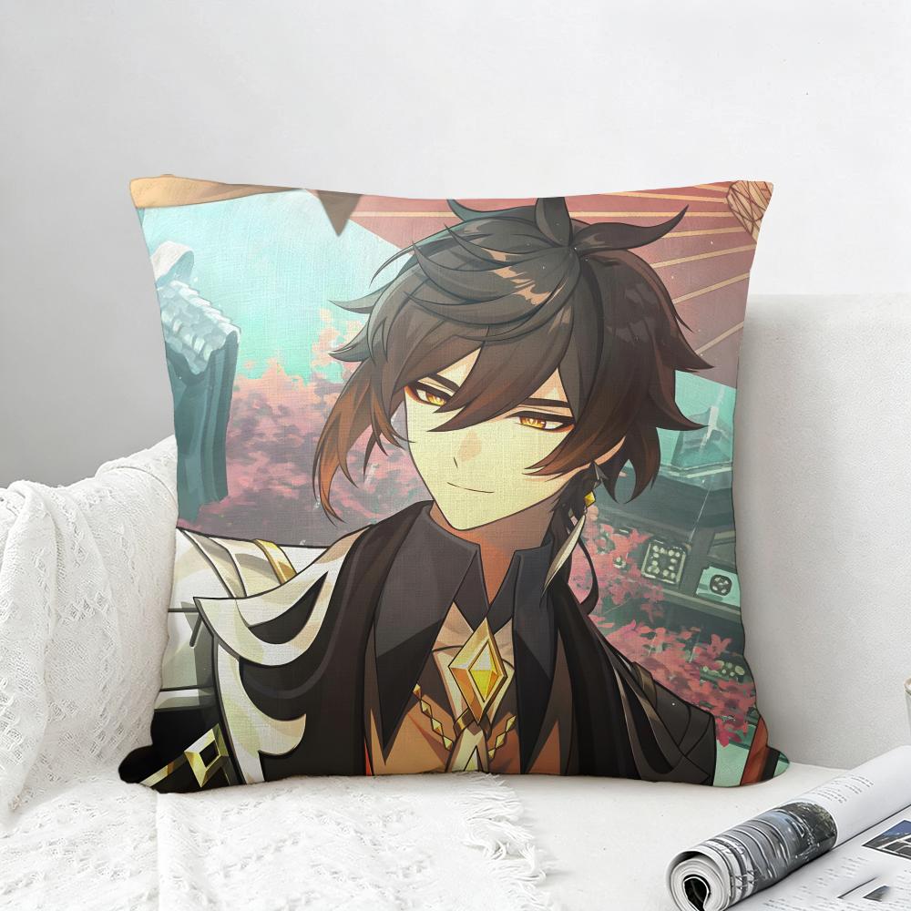 Game Genshin Impact Zhongli Cushion Cover Natural Linen Pillowcase Set AllinOne Decor for Sofa Bedroom Chair