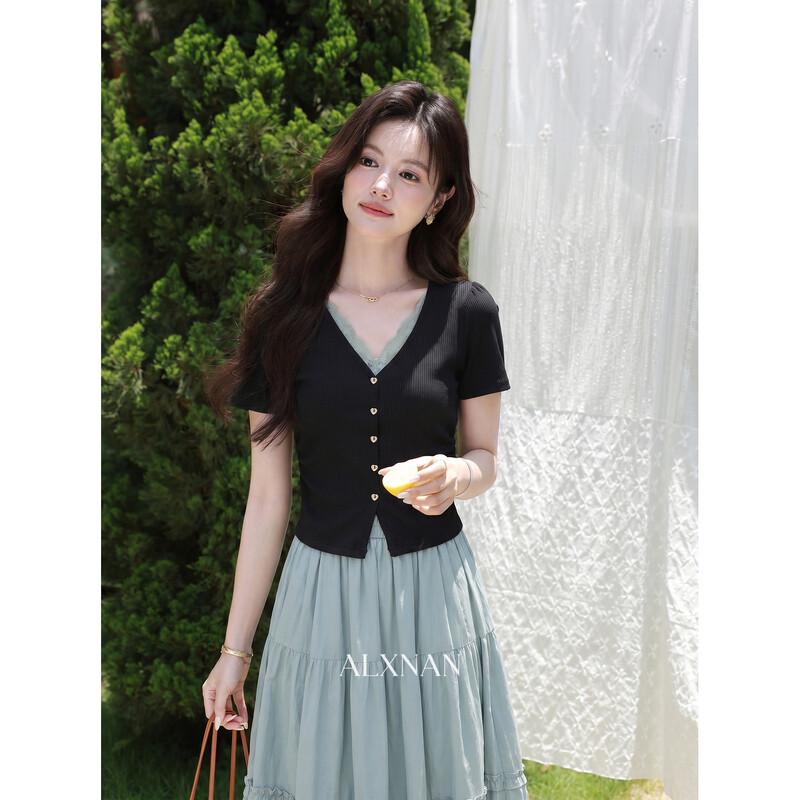 French Style Faux Two-Piece Short Sleeve Women s T-Shirt M