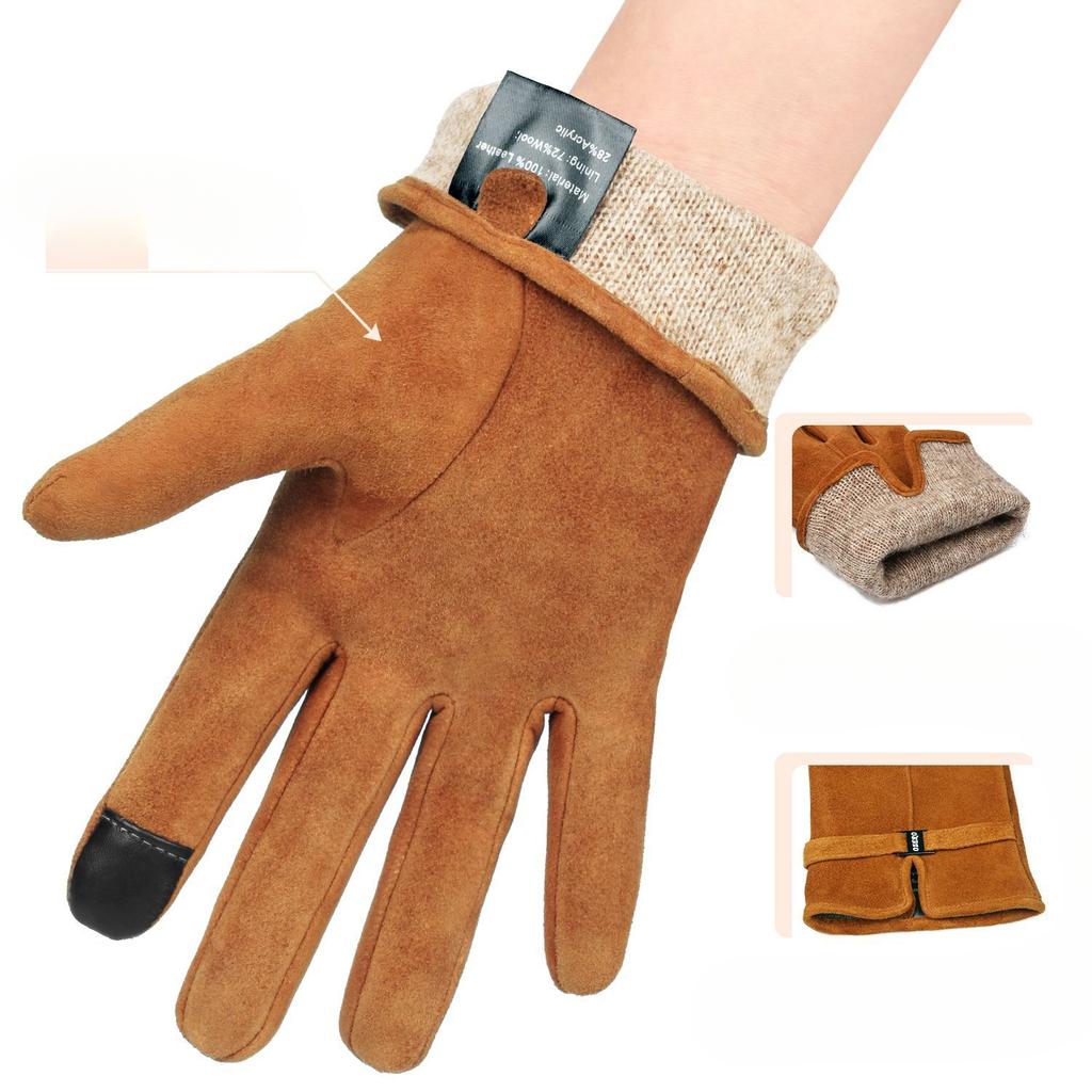 Deerskin Warm Gloves for Women In Winter Thickened Gloves Touch Screen Wool Inside Outdoor Cycling Windproof Clothing Gloves