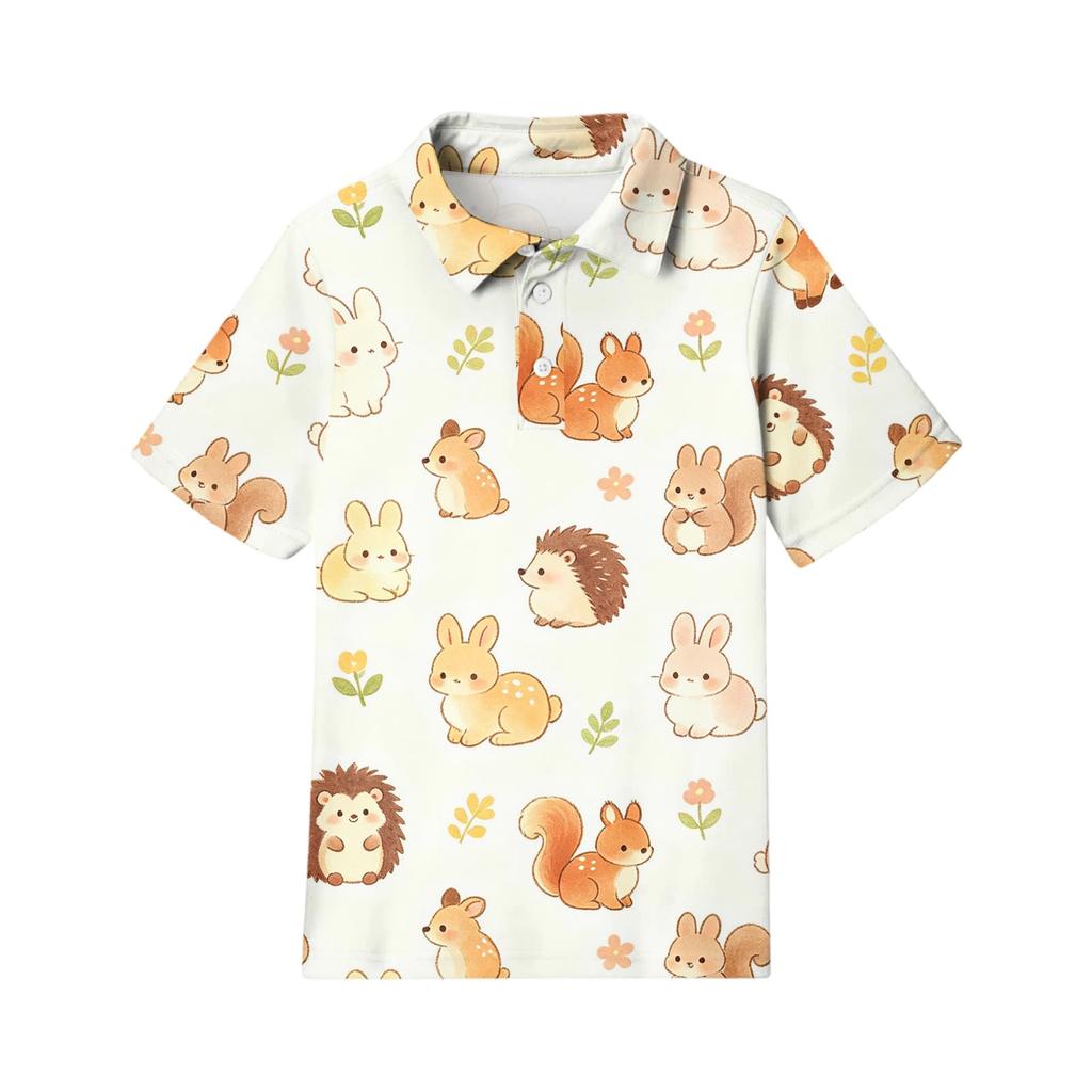 Kids Casual Short Sleeve Polo Shirt Animal Print Top Button Down Collar Comfortable Fit Soft Fabric