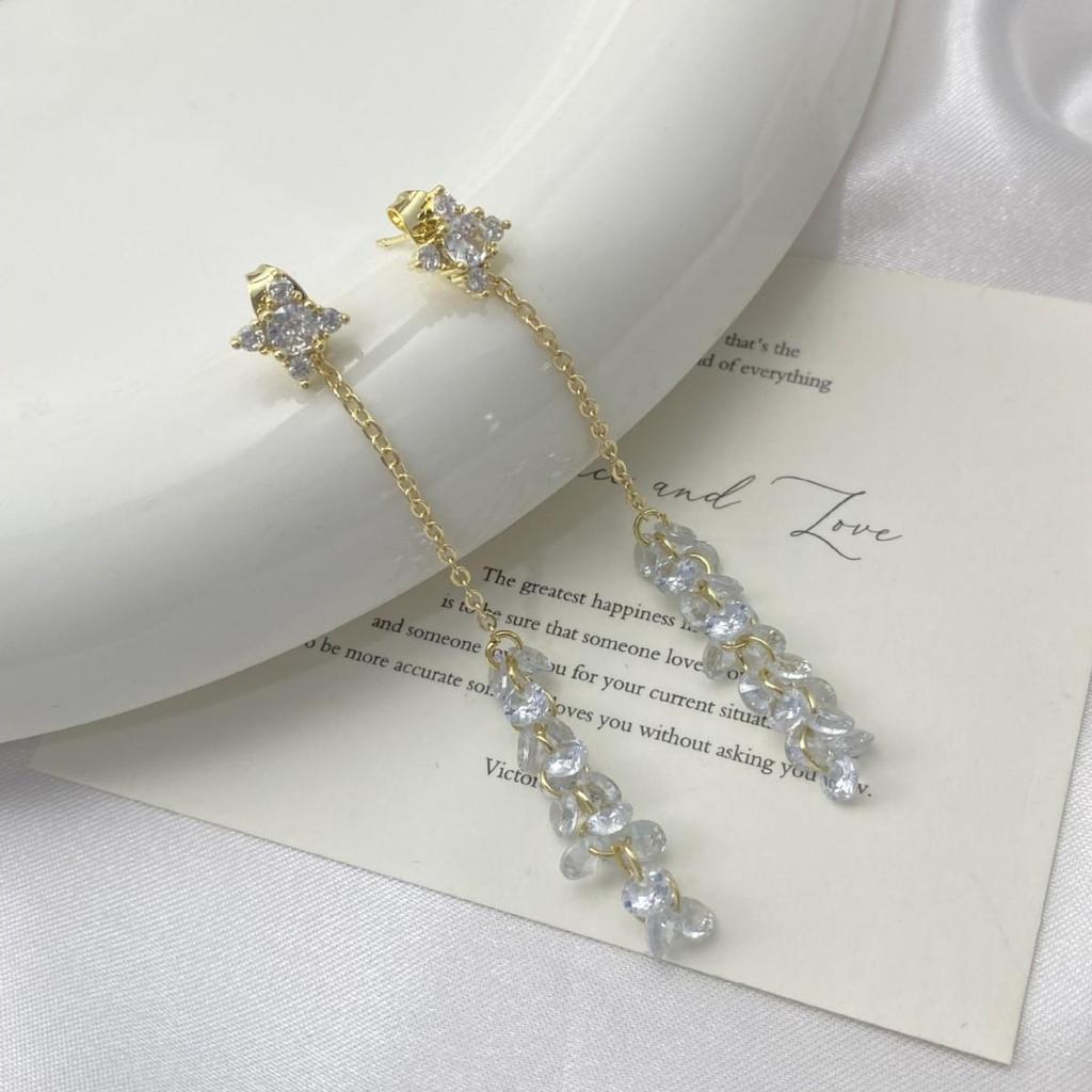 Elegant French Zirconia Flower Tassel Stud Earrings - Luxurious, Stylish, and Versatile Design.
