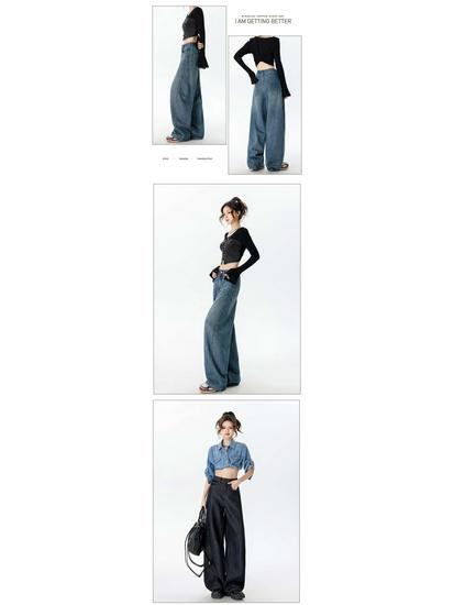 Women's High Waist Wide Leg Retro Scimitar Jeans - Deep Blue, Versatile Spring & Autumn