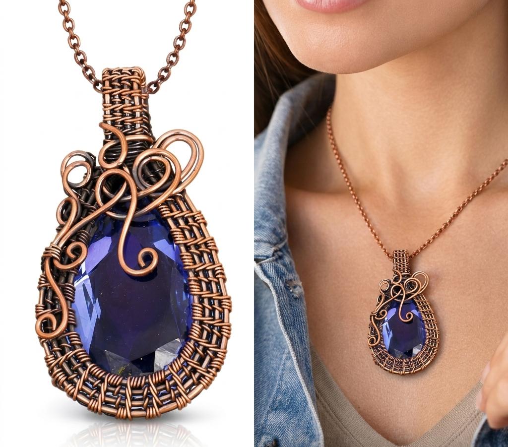 Handmade Copper Wire Wrapped Amethyst Gemstone Copper Pendant Vintage Boho Jewelry Gift