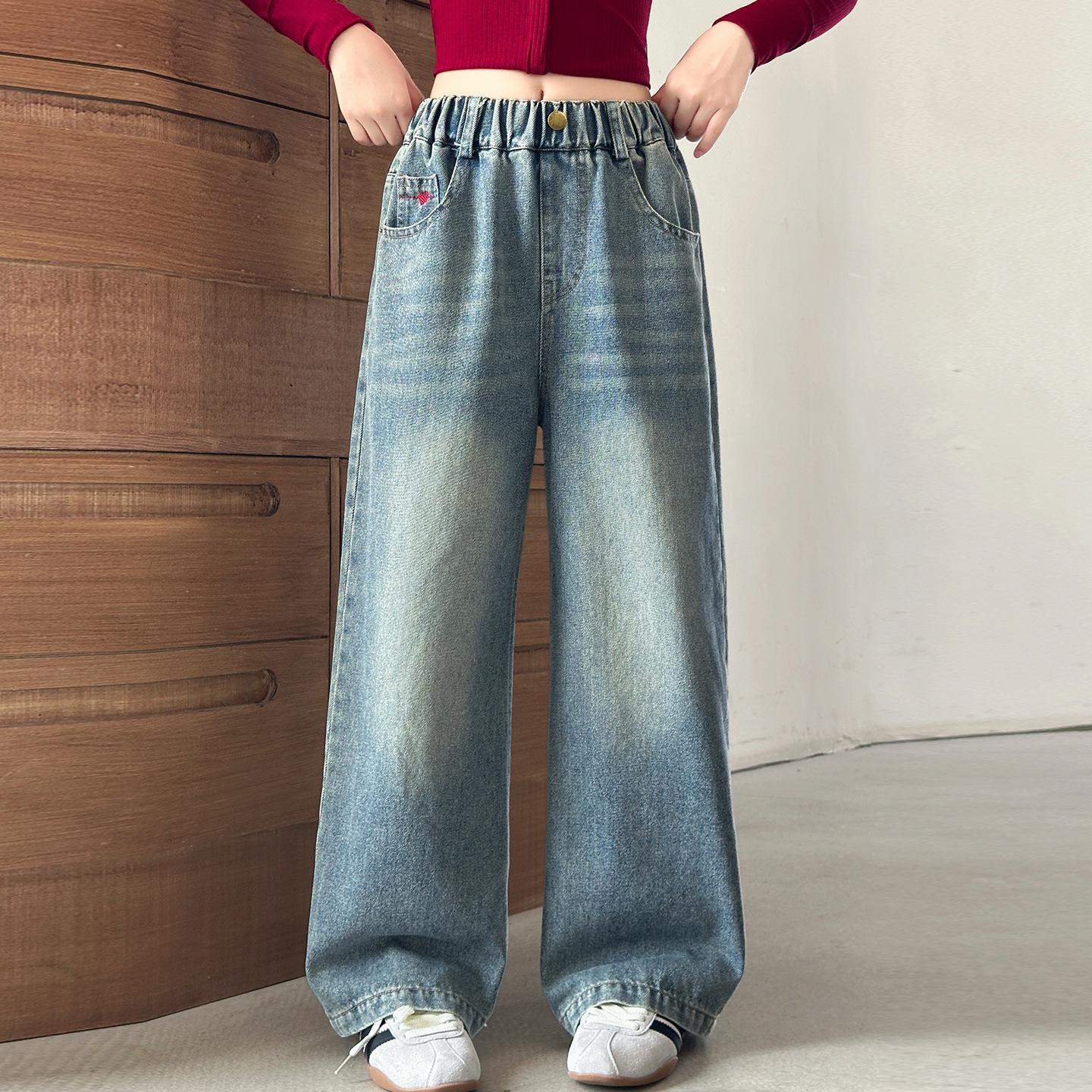 

Стильные джинсы широкого кроя для девочек: Универсальная осенне-весенняя одежда для детей среднего и старшего возраста, дизайн 2025 150cm