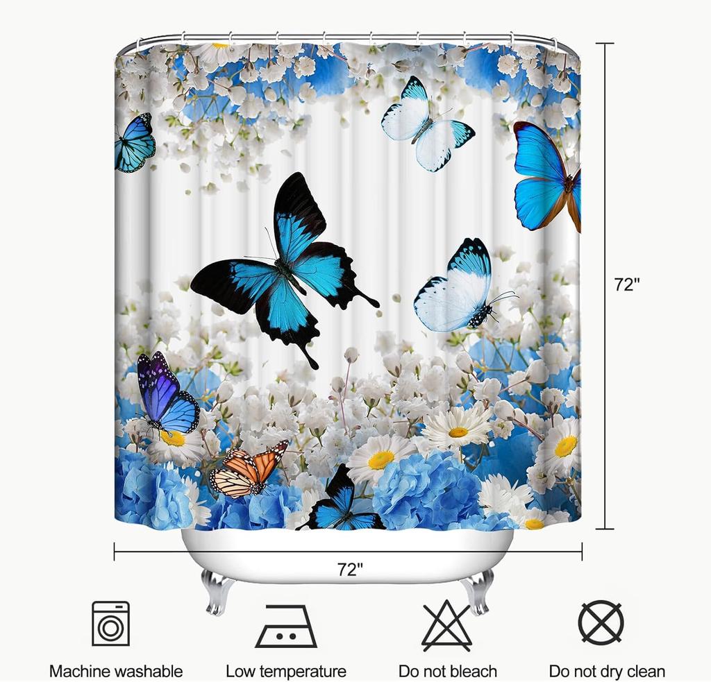 Tenda Doccia Farfalla Blu Tende Doccia con Farfalle Floreali per Bagno Tessuto in Poliestere Impermeabile Tenda da Bagno