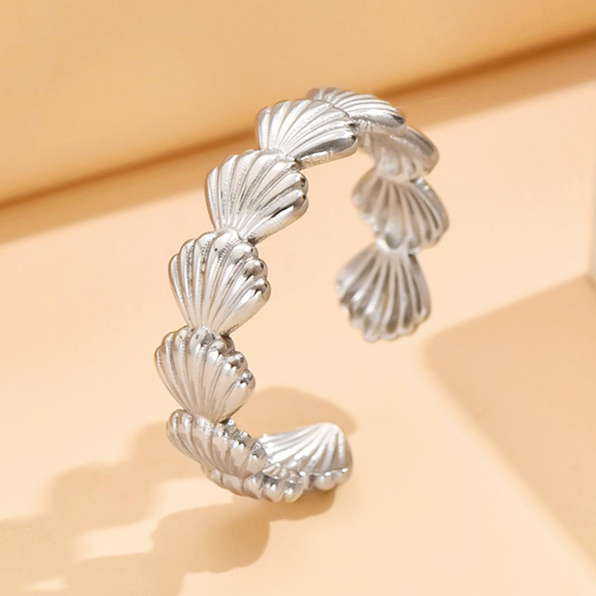 Ocean Series Shell-Open Stainless Steel Ring: Trendy Vacation Style for Women