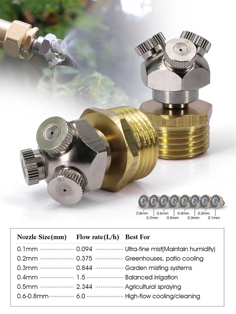 0.1-0.8mm 3-hole Fine Atomizer Misting Nozzle w/ 1/2" 20mm Brass Joint Garden Irrigation Cooling Watering Humidification Sprayer