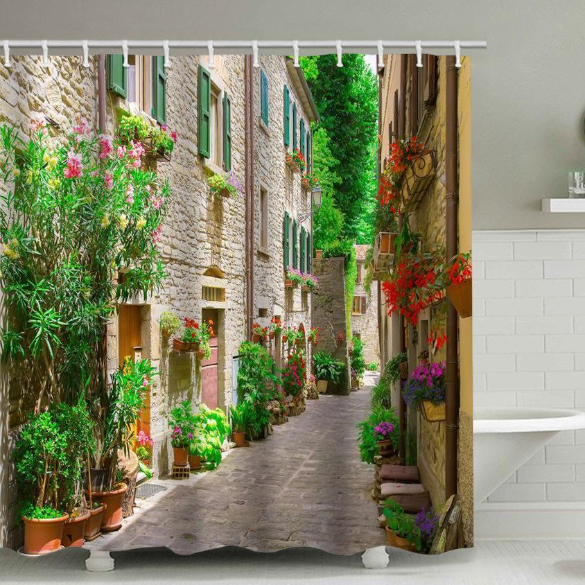 Pattern Landscape Bathroom Shower Curtain Waterproof Hook Bath Accessories Decor