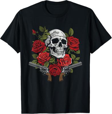 Skeleton Roses 1980s Glam 80s - Guns Rock Music Skull Rose T-Shirt