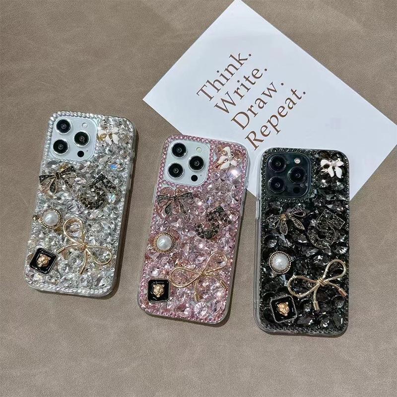 For IPhone17Promax Mobile Phone Case for Apple 14 Rhinestone Bow 15 Luxury Full Diamond Pearl Tiger Head for Women