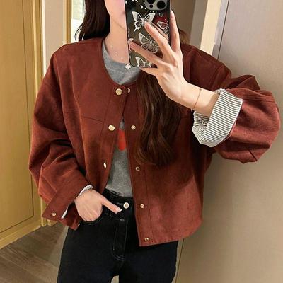 Trendy Wildleder-Baseballjacke im koreanischen Stil für Damen im Winter, lockere Passform, lässiger Mantel, modische Oberteile