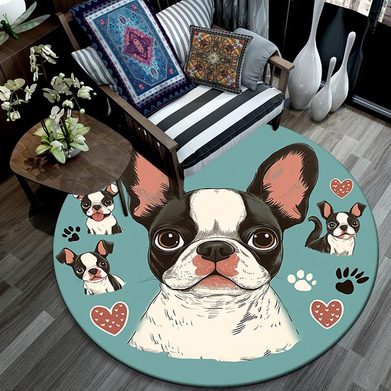 Okrągły dywanik z buldogiem francuskim, Dywanik do salonu, sypialni, przy sofie, pokoju zabaw, Mata podłogowa antypoślizgowa