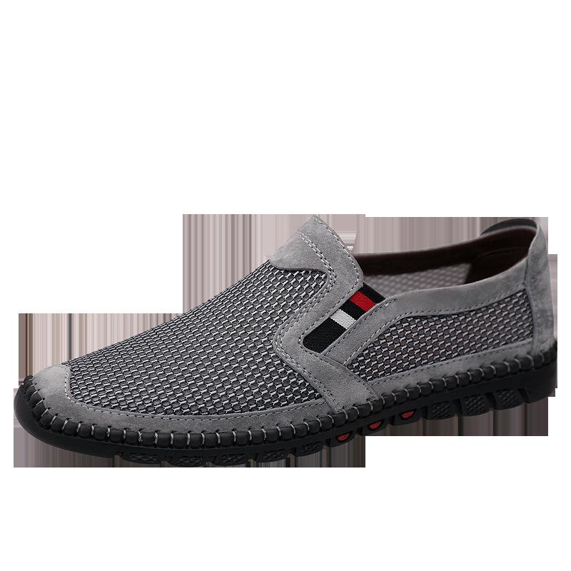 

Мужские туфли с круглым носком из коровьей кожи + сетчатый чулок, дышащие, на плоской подошве, повседневные мужские походные туфли, полые дышащие туфли 38 серый
