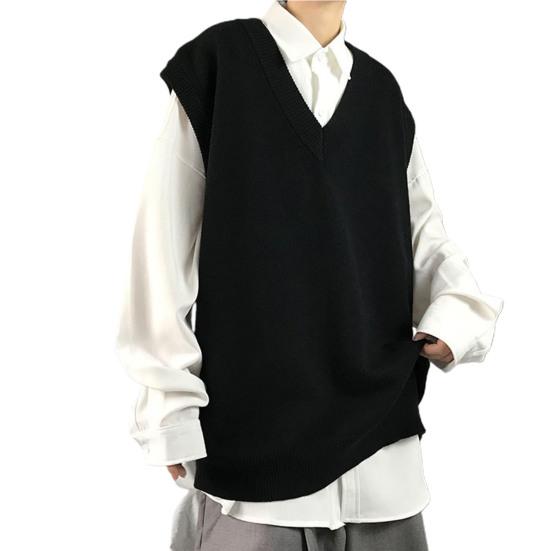 Men Sweater V Neck Solid Color Sleeveless All Match Spring Sweater for School