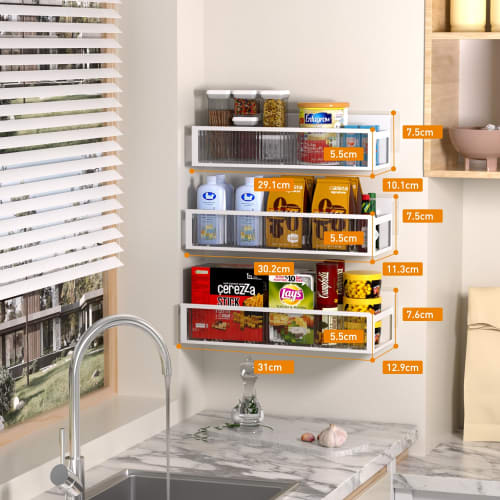 LENSKINS Spice Rack, No Drilling Required, Set of 3, Stick-On Kitchen Storage Spice Rack, Wall-Mounted Storage, Refrigerator or Washing Machine Compat