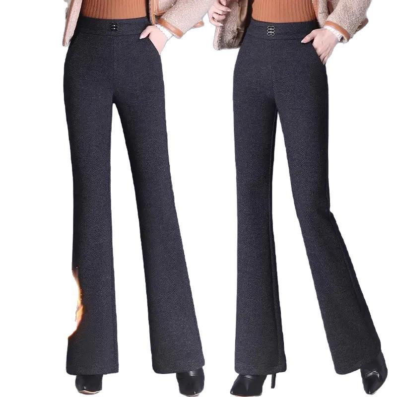 High-Waisted Slimming Women's Plus Velvet Micro-Flare Pants - Elastic Waist & Fashionable Casual Wear for Autumn/Winter