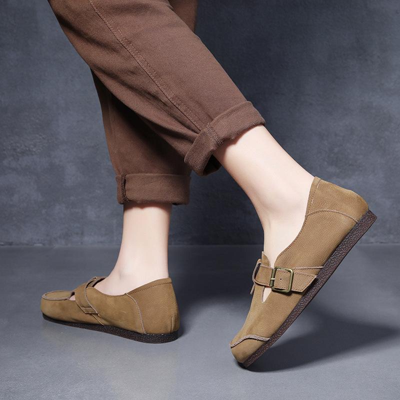 Handmade Genuine Leather Retro Style Women's Round Toe Flat Heel Single-Strap Shoes