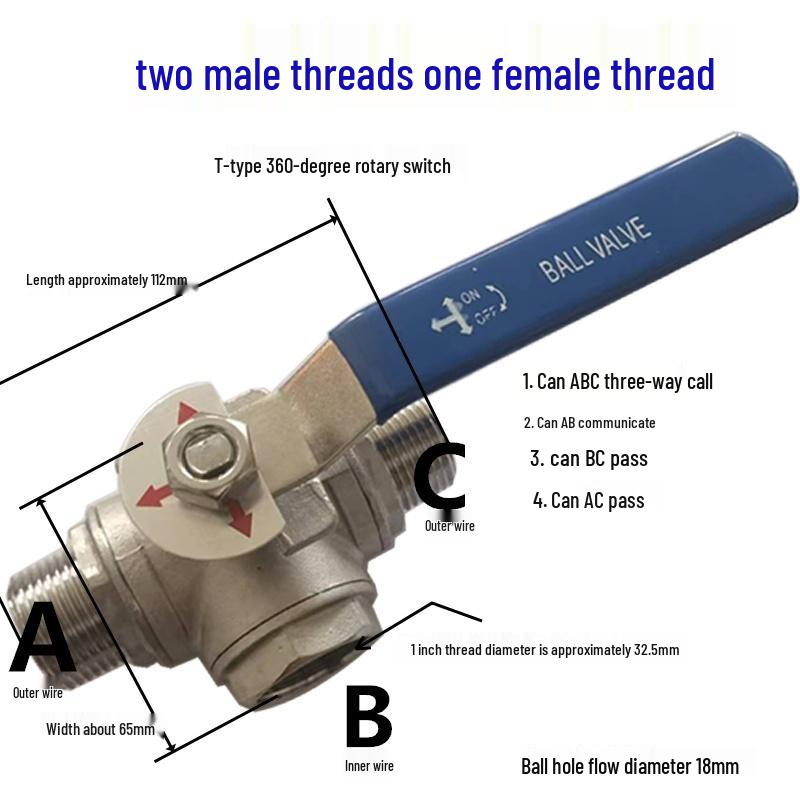 

Триходовий кульовий кран з нержавіючої сталі з перемикачем, зовнішня різьба 1/2 3/4 1 , один вхід, два виходи