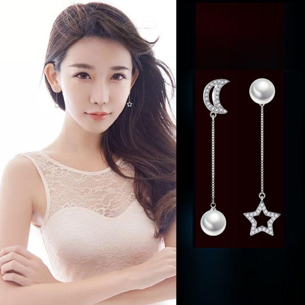 Unbalanced Aaa Zirconia Shell Pearl Moon Star Silver Needle Earrings