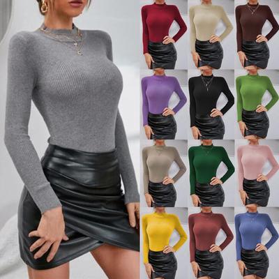 Womens Knitwear Long Sleeve Solid Ribbed Knit Sweater Bottoming Blouse Jumpers Casual Slim Pullover Top