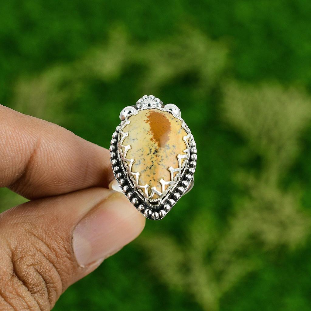 Natural Picture Jasper Gemstone Stackable Yellow Adjustable Ring 925 Silver